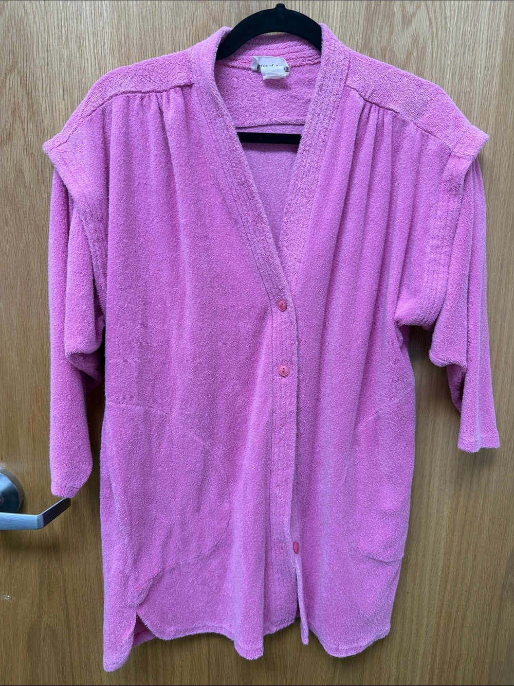 Vintage 80s Neiman Marcus Pink Terry Cloth Button-Front Loungewear Cardigan